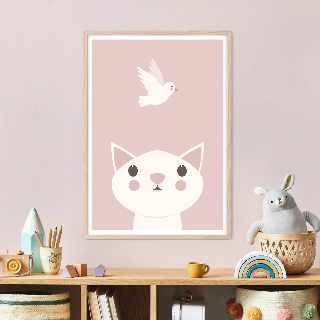 Forhåndsvisning av Plakater: Hvit katt og fugl